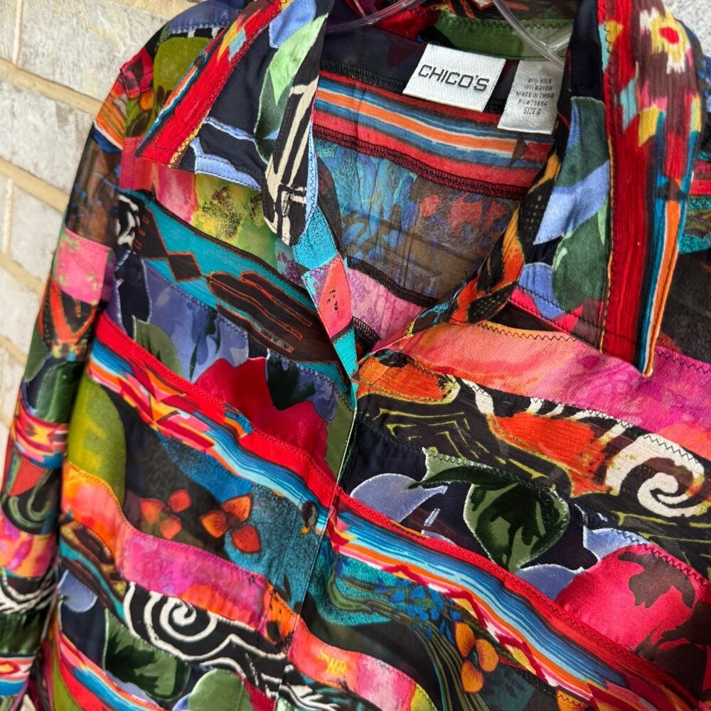 Chico's Silk Blend Patchwork Button Up Sheer Blou… - image 4